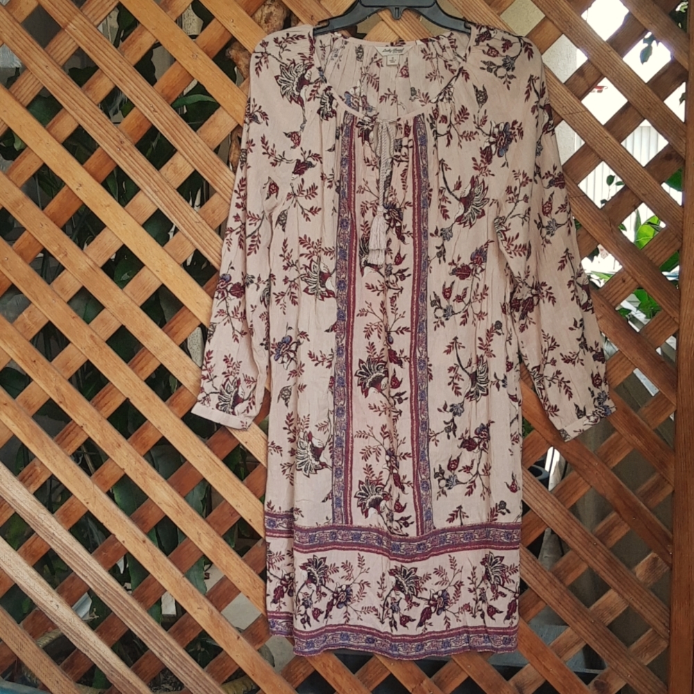Lucky Brand Rayon Cotton Blend Long Sleeve Peasant Dress Drawstring Neckline Sml